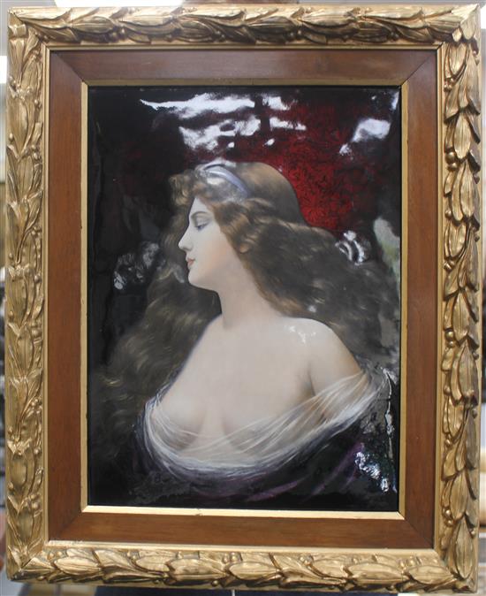 J. Sarlandie. A Limoges Art Nouveau enamel and copper portrait plaque, 32 x 23.5cm, gilt frame